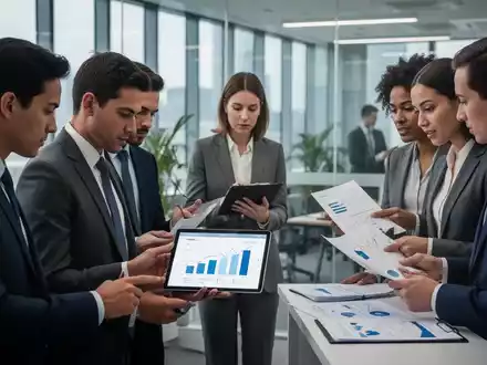Eine Gruppe von Fachleuten in einem modernen Büro, die Dokumente und einen Tablet-Bildschirm mit Diagrammen prüfen, was Entgelttransparenz symbolisiert. - Foto: über boerse-global.de