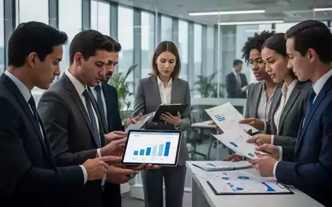 Eine Gruppe von Fachleuten in einem modernen Büro, die Dokumente und einen Tablet-Bildschirm mit Diagrammen prüfen, was Entgelttransparenz symbolisiert. - Foto: über boerse-global.de
