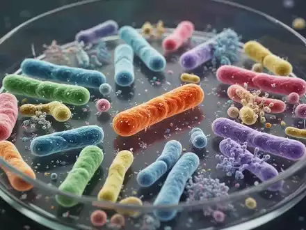 Nahaufnahme einer Petrischale mit verschiedenen, farbenfrohen probiotischen Bakterienstämmen unter dem Mikroskop. - Foto: über boerse-global.de