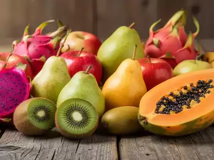 Eine Stillleben-Anordnung von frischen Kiwis, Birnen, Äpfeln, Papayas und Drachenfrüchten auf einer Holzoberfläche. - Foto: über boerse-global.de