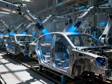 Roboterarme in einer modernen Autofabrik, die an Fahrzeugkarosserien arbeiten, symbolisieren Automatisierung und die Zukunft der Arbeit. - Foto: über boerse-global.de
