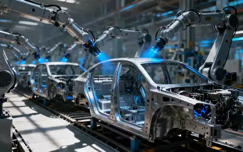 Roboterarme in einer modernen Autofabrik, die an Fahrzeugkarosserien arbeiten, symbolisieren Automatisierung und die Zukunft der Arbeit. - Foto: über boerse-global.de