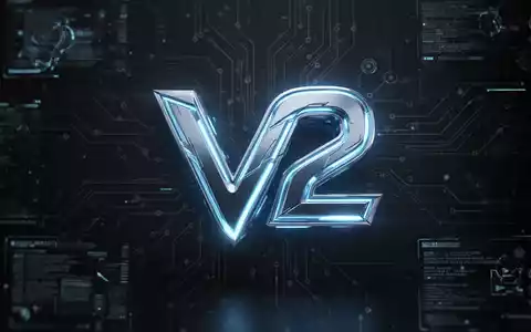 A glowing, futuristic 'V2' logo in metallic and neon blue, set against a dark, tech-inspired background with subtle circuit patterns. - Foto: über boerse-global.de