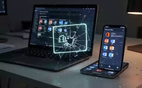 A MacBook and an iPhone displaying Microsoft Office app icons, overlaid with a broken digital certificate symbol, symbolizing software restrictions. - Foto: über boerse-global.de