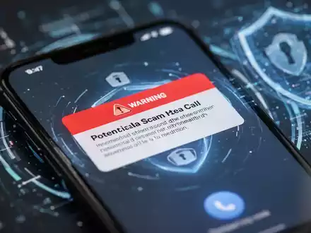 Ein Smartphone-Bildschirm zeigt eine Warnung vor einem Betrugsanruf, im Hintergrund verschwommene digitale Sicherheitselemente. - Foto: über boerse-global.de