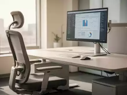 Ein ergonomischer Bürorbeitsplatz mit verstellbarem Stuhl, Monitor auf Augenhöhe und ergonomischer Maus in warmem Licht. - Foto: über boerse-global.de