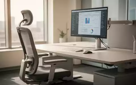 Ein ergonomischer Bürorbeitsplatz mit verstellbarem Stuhl, Monitor auf Augenhöhe und ergonomischer Maus in warmem Licht. - Foto: über boerse-global.de