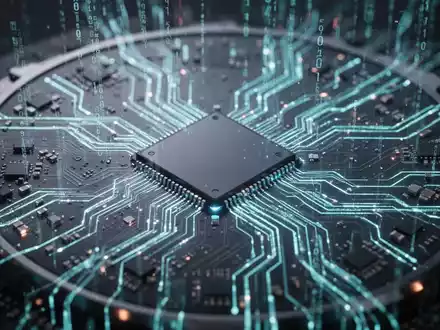 Close-up of a glowing CPU wafer with intricate circuits and digital data streams, symbolizing advanced AI computing. - Foto: über boerse-global.de