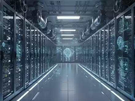 Interior of a large, modern data center with glowing server racks, representing advanced AI infrastructure and computing power. - Foto: über boerse-global.de