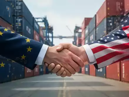 Zwei Geschäftsleute, die sich vor einem Hintergrund aus Industriegütern und Schiffscontainern die Hände schütteln, symbolisieren Handel und Zusammenarbeit. - Foto: über boerse-global.de