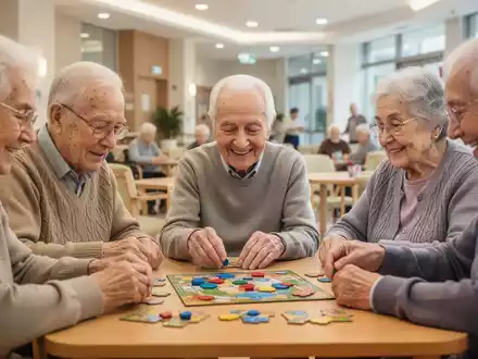 Ältere Menschen konzentrieren sich bei einem Gedächtnistraining in einem modernen Seniorenzentrum, umgeben von anderen Teilnehmern. - Foto: über boerse-global.de