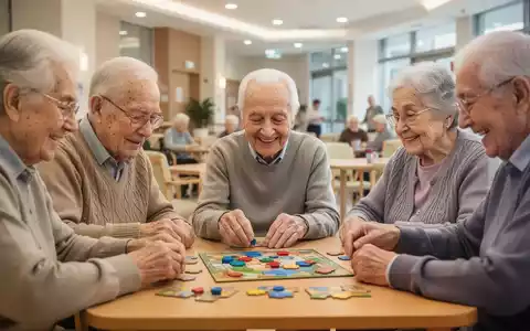 Ältere Menschen konzentrieren sich bei einem Gedächtnistraining in einem modernen Seniorenzentrum, umgeben von anderen Teilnehmern. - Foto: über boerse-global.de