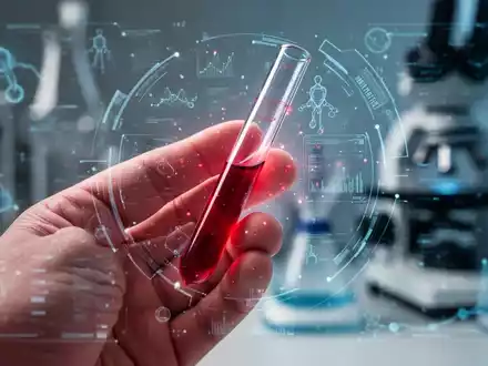 Nahaufnahme einer Hand, die ein Reagenzglas mit einer Blutprobe hält, mit digitalen Overlays, die KI-Analyse und biologisches Alter darstellen. - Foto: über boerse-global.de