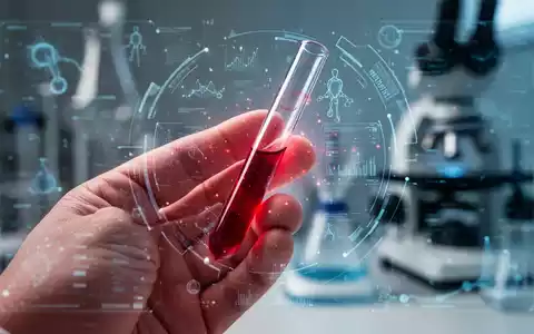 Nahaufnahme einer Hand, die ein Reagenzglas mit einer Blutprobe hält, mit digitalen Overlays, die KI-Analyse und biologisches Alter darstellen. - Foto: über boerse-global.de