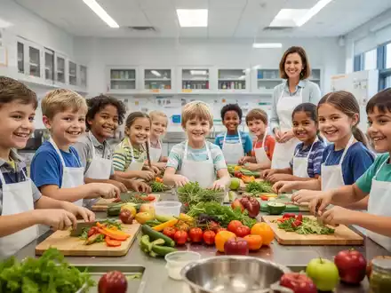 Kinder in einer modernen Schulküche bereiten unter Anleitung frisches Essen zu, mit bunten Gemüse und Obst auf dem Tisch. - Foto: über boerse-global.de