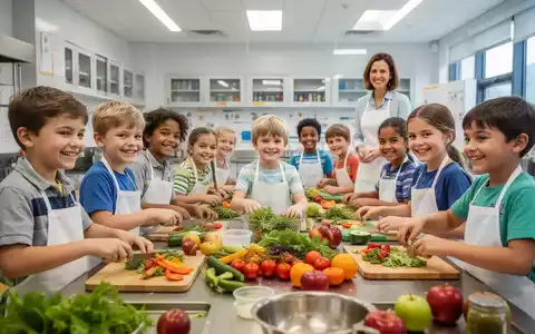 Kinder in einer modernen Schulküche bereiten unter Anleitung frisches Essen zu, mit bunten Gemüse und Obst auf dem Tisch. - Foto: über boerse-global.de