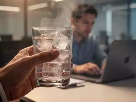 Eine Hand hält ein Glas Eiswasser, im Hintergrund eine verschwommene Person, die im Homeoffice am Laptop arbeitet. - Foto: über boerse-global.de