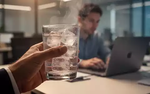 Eine Hand hält ein Glas Eiswasser, im Hintergrund eine verschwommene Person, die im Homeoffice am Laptop arbeitet. - Foto: über boerse-global.de