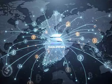 A glowing Solana blockchain network over a map of South Korea and global payment routes, symbolizing cross-border financial transactions. - Foto: über boerse-global.de