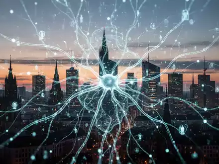 Eine futuristische, leuchtende neuronale Netzwerkvisualisierung über einer Silhouette der Frankfurter Skyline bei Sonnenuntergang, die KI und Wirtschaft verschmelzen lässt. - Foto: über boerse-global.de