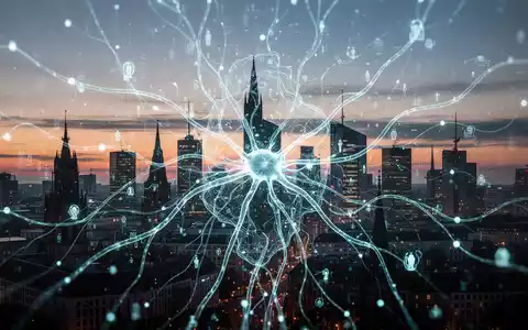 Eine futuristische, leuchtende neuronale Netzwerkvisualisierung über einer Silhouette der Frankfurter Skyline bei Sonnenuntergang, die KI und Wirtschaft verschmelzen lässt. - Foto: über boerse-global.de