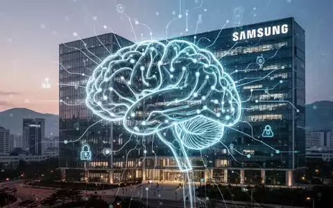 A glowing AI brain icon overlaid on a blurred image of Samsung's headquarters in Seoul at dusk, symbolizing enterprise AI adoption. - Foto: über boerse-global.de