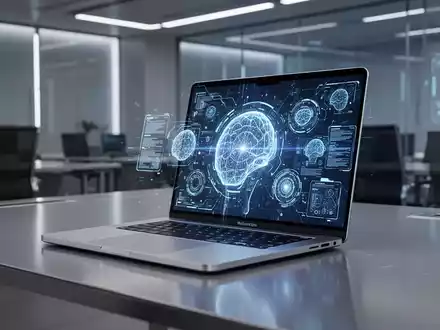 A sleek, futuristic silver laptop with a glowing touchscreen interface displaying abstract AI elements, on a polished desk. - Foto: über boerse-global.de