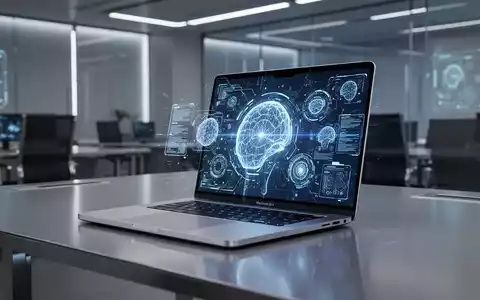 A sleek, futuristic silver laptop with a glowing touchscreen interface displaying abstract AI elements, on a polished desk. - Foto: über boerse-global.de