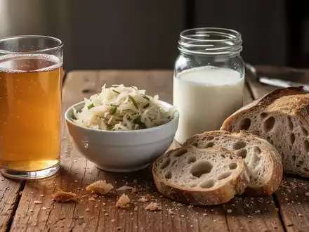 Ein Stillleben mit verschiedenen fermentierten Lebensmitteln wie Kombucha, Sauerkraut, Kefir und Sauerteigbrot auf einem Holztisch. - Foto: über boerse-global.de