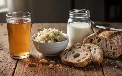 Ein Stillleben mit verschiedenen fermentierten Lebensmitteln wie Kombucha, Sauerkraut, Kefir und Sauerteigbrot auf einem Holztisch. - Foto: über boerse-global.de