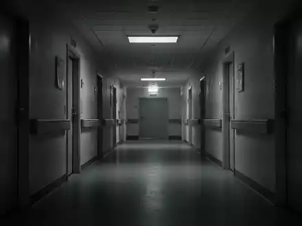 Ein langer, leerer und schwach beleuchteter Krankenhausflur in Deutschland, der Unsicherheit und Rückgang symbolisiert. - Foto: über boerse-global.de