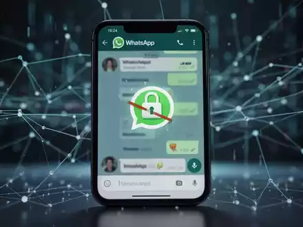 A smartphone screen displaying the WhatsApp interface with a subtle 'blocked' notification, emphasizing encryption and privacy. - Foto: über boerse-global.de