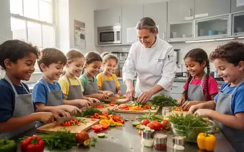 Grundschüler kochen gemeinsam in einer modernen Schulküche, unterstützt von einem Erwachsenen, mit frischen Zutaten. - Foto: über boerse-global.de