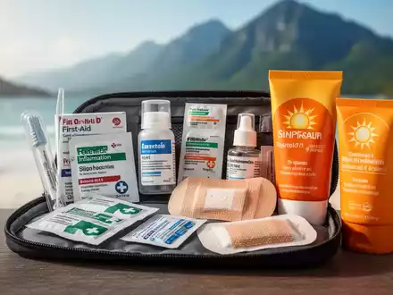 Eine Reiseapotheke mit Medikamenten, Verbänden und Sonnenschutz vor dem verschwommenen Hintergrund einer Reisedestination. - Foto: über boerse-global.de
