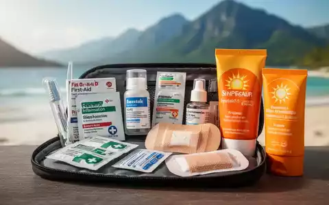 Eine Reiseapotheke mit Medikamenten, Verbänden und Sonnenschutz vor dem verschwommenen Hintergrund einer Reisedestination. - Foto: über boerse-global.de