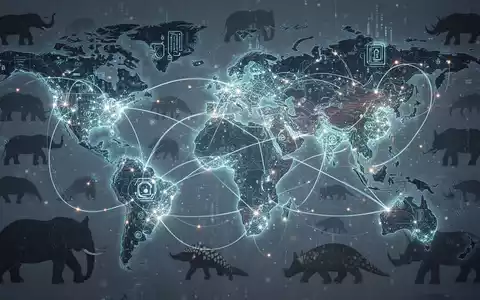 Digital network with data lines protecting wildlife silhouettes, symbolizing AI and tech collaboration against illegal trade. - Foto: über boerse-global.de