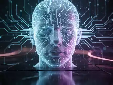 A glowing neural network circuit board intertwined with a faint, transparent human face, symbolizing AI governance and deepfakes. - Foto: über boerse-global.de