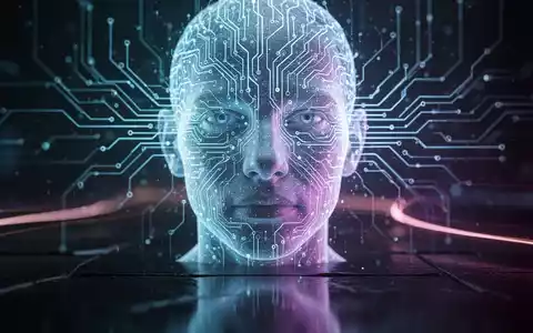 A glowing neural network circuit board intertwined with a faint, transparent human face, symbolizing AI governance and deepfakes. - Foto: über boerse-global.de