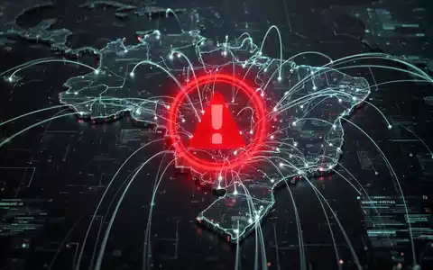Eine stilisierte digitale Karte Brasiliens mit leuchtenden Linien und einem prominenten roten Warnsymbol, das einen Cyberangriff darstellt. - Foto: über boerse-global.de