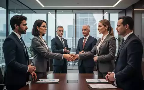 Sechs Geschäftspersonen in einem modernen Büro, die eine Unternehmensentscheidung oder Transaktion andeuten. - Foto: über boerse-global.de