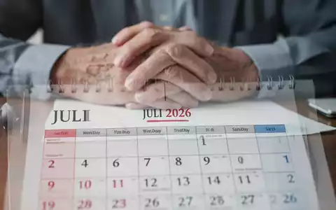 Nahaufnahme eines Kalenderblatts mit dem Datum 'JULI 2026', überlagert von Händen, die auf einem Schreibtisch ruhen, symbolisiert Rentenplanung. - Foto: über boerse-global.de