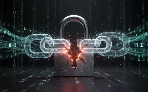 Ein aufgebrochenes digitales Vorhängeschloss mit einem leuchtenden, unterbrochenen Link, umgeben von binärem Code, symbolisiert eine Sicherheitslücke. - Foto: über boerse-global.de