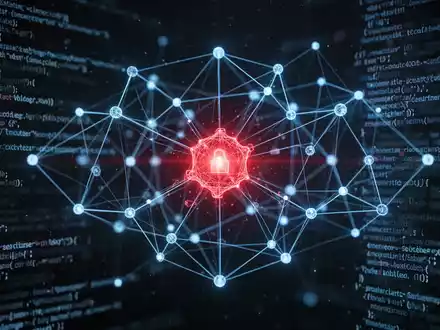 A glowing red malicious node within a blue network graph, symbolizing a cyberattack, surrounded by abstract code. - Foto: über boerse-global.de