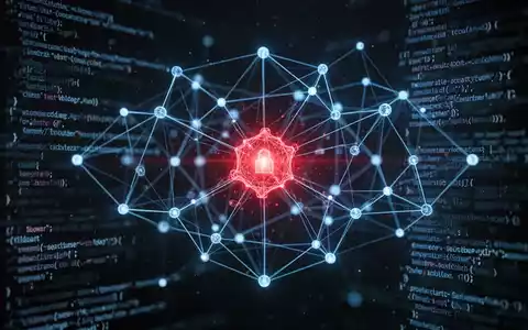 A glowing red malicious node within a blue network graph, symbolizing a cyberattack, surrounded by abstract code. - Foto: über boerse-global.de