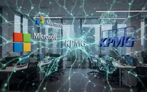 Abstract visual of Microsoft and KPMG logos connected by glowing lines representing data and AI, symbolizing a strategic partnership. - Foto: über boerse-global.de