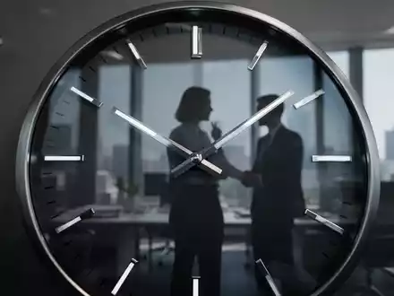 Eine Nahaufnahme eines modernen Zifferblatts mit Zeigern, die auf eine längere Arbeitszeit hindeuten, mit der Silhouette eines Büroangestellten im Hintergrund. - Foto: über boerse-global.de