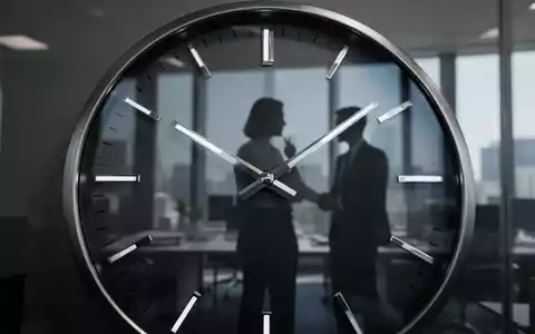 Eine Nahaufnahme eines modernen Zifferblatts mit Zeigern, die auf eine längere Arbeitszeit hindeuten, mit der Silhouette eines Büroangestellten im Hintergrund. - Foto: über boerse-global.de