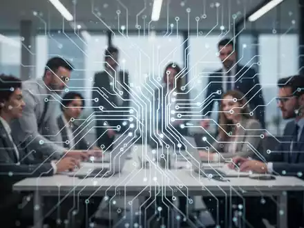 Eine stilisierte, leuchtende neuronale Netzwerkmuster über einem verschwommenen modernen Büro, das Technologie und HR-Regulierung darstellt. - Foto: über boerse-global.de