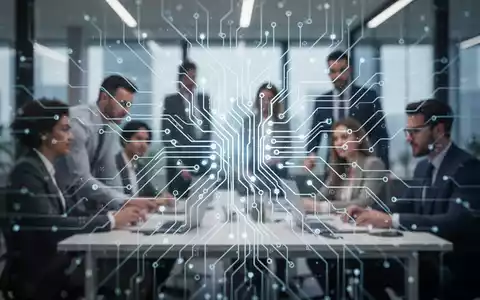 Eine stilisierte, leuchtende neuronale Netzwerkmuster über einem verschwommenen modernen Büro, das Technologie und HR-Regulierung darstellt. - Foto: über boerse-global.de