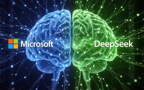 A digital brain with blue and green glowing nodes, symbolizing Microsoft and DeepSeek, connected by data streams. - Foto: über boerse-global.de